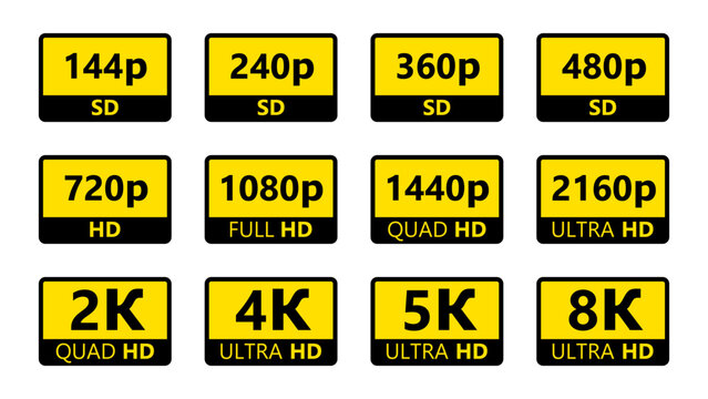 video resolution label collection, 4k ultra hd icon, 2k quad hd symbol, 1080p full hd sticker