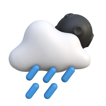 3D Rendering of a White Cloud with Raindrops and a Full Moon Icon for Weather Forecasts
