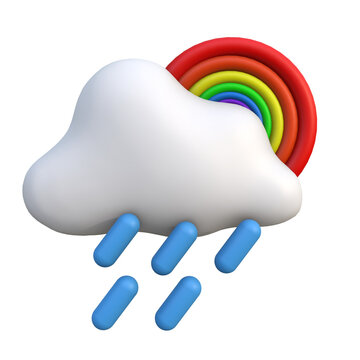 Vibrant 3D weather icon featuring a fluffy white cloud, soft raindrops, and a colorful, arching rainbow. Ideal for illustrating optimistic forecasts and atmospheric conditions
