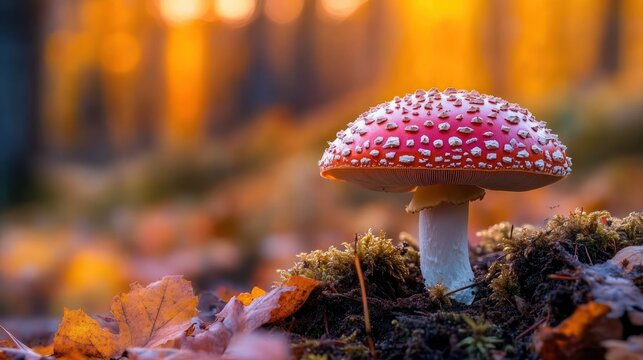 red spotted toadstool mushroom on mossy forest floor with fallen autumn leaves and warm golden backlight, serene magical atmosphere