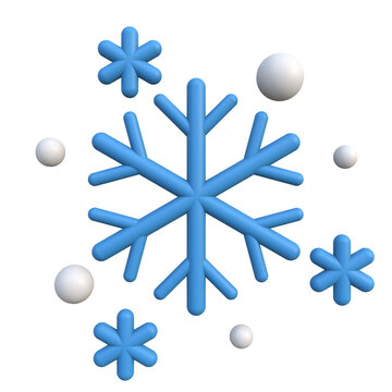 A charming 3D rendered blue snowflake icon representing cold winter weather, surrounded by smaller flakes and snowballs, perfect for seasonal designs and digital projects