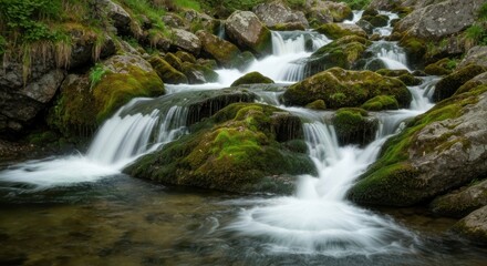 Fototapeta premium Cascading Waterfalls Over Mossy Rocks - A Serene Natural Landscape.