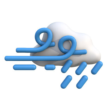 A minimalist 3D rendered icon depicting a white cloud with blue swirling wind patterns and scattered raindrops, representing a forecast for strong winds and upcoming rain
