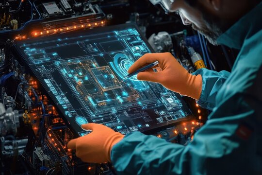 technician in teal protective suit and orange gloves using stylus to inspect glowing holographic circuit schematic on tablet amid wiring and orange indicator lights, focused and precise
