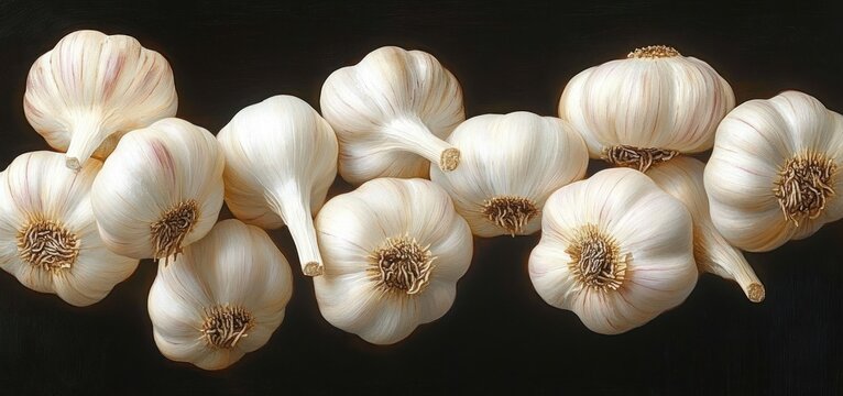Row of white garlic bulbs with papery skins on a dark surface conveying rustic freshness and culinary simplicity