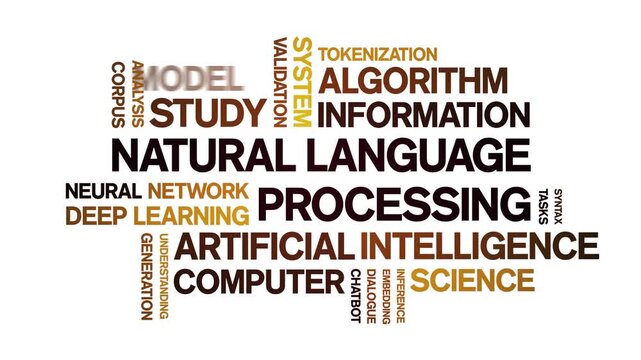 Natural Language Processing animated word cloud-text design animation tag kinetic typography seamless loop.