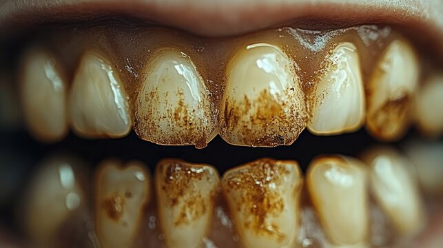 extreme close-up of discolored front teeth with heavy brown stains and plaque, showing neglected oral hygiene and an unsettling appearance
