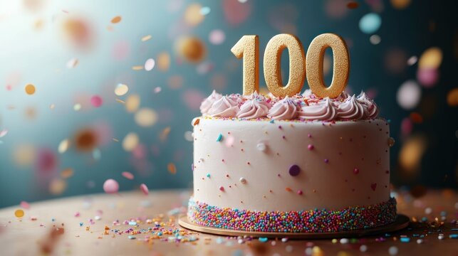 pink frosted round cake with gold 100 topper, piped cream rosettes, multicolored sprinkles and falling confetti in soft light, joyful celebratory mood