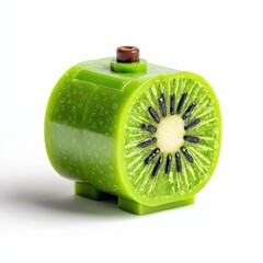 Obraz premium Green Lego Brick Construction Shaped Like A Cut Kiwi Fruit With Black Seeds And White Center Against White Background