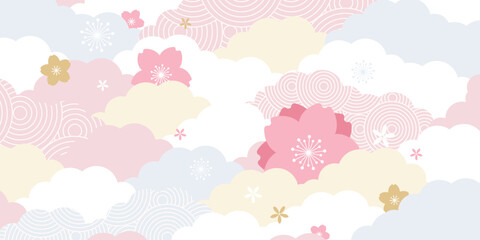 Naklejka premium Spring Japanese Cherry blossom flower background vector. Sakura floral Wallpaper design of elegant gold line cherry blossom flower, branch. Illustration for banner, wall decoration, backdrop, ads.