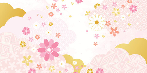 Naklejka premium Spring Japanese Cherry blossom flower background vector. Sakura floral Wallpaper design of elegant gold line cherry blossom flower, branch. Illustration for banner, wall decoration, backdrop, ads.