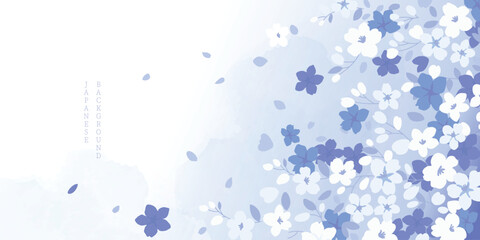 Fototapeta premium Spring Japanese Cherry blossom flower background vector. Sakura floral Wallpaper design of elegant gold line cherry blossom flower, branch. Illustration for banner, wall decoration, backdrop, ads.