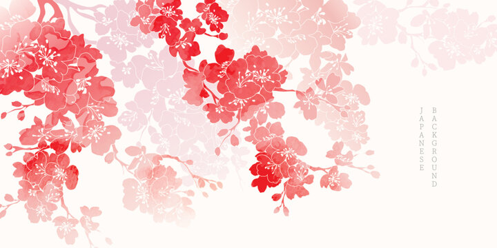 Spring Japanese Cherry blossom flower background vector. Sakura floral Wallpaper design of elegant gold line cherry blossom flower, branch. Illustration for banner, wall decoration, backdrop, ads.