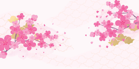 Naklejka premium Spring Japanese Cherry blossom flower background vector. Sakura floral Wallpaper design of elegant gold line cherry blossom flower, branch. Illustration for banner, wall decoration, backdrop, ads.