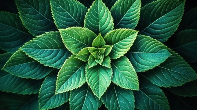 layered radial rosette of vibrant green leaves with detailed veins and symmetrical botanical pattern conveying calm and balance