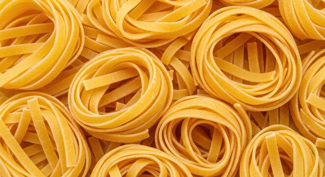 Close-up of uncooked tagliatelle pasta nests, ready for cooking.
