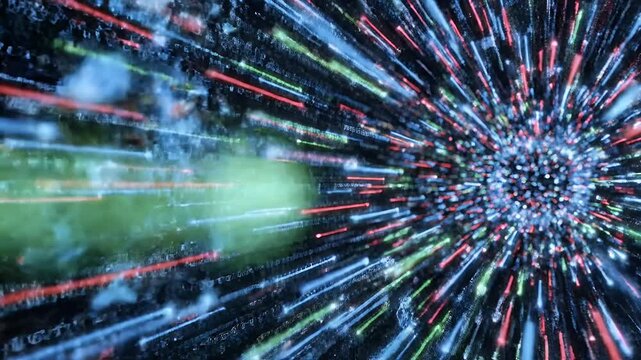 Abstract streaks of blue, red, and green light with binary code patterns