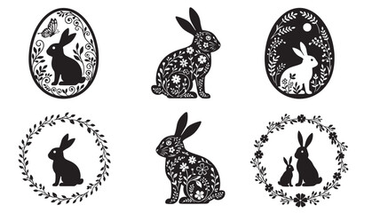 Obraz premium Easter bunny silhouettes with floral motifs, decorative eggs, and whimsical wreath designs in black and white style.