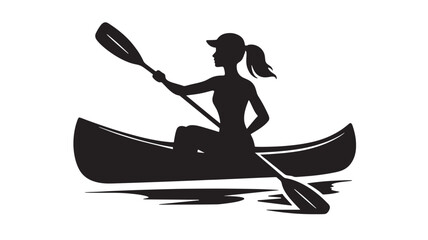 Canoe silhouette with a woman paddling on water, vector art for leisure and recreation themes featuring kayak, paddle, boat with lake and river © Devid 