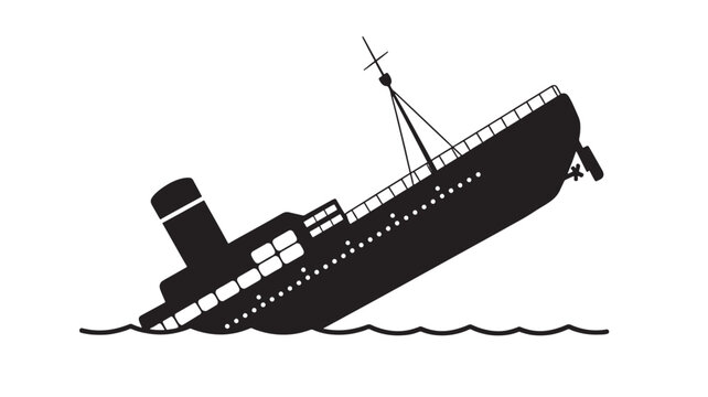 Ship sinking silhouette with water waves, representing maritime disaster and nautical crisis. featuring loss, danger, emergency with submerged and