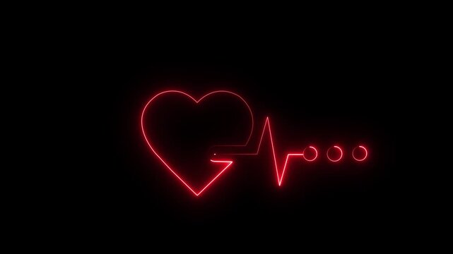 Glowing neon red heart and pulse line animation with dots on black background, medical, healthcare, cardiology, vital signs, or digital health