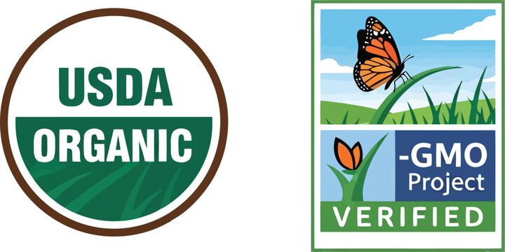 USDA Organic and Non GMO Project Verified Food Quality Certification Labels Set on White Background