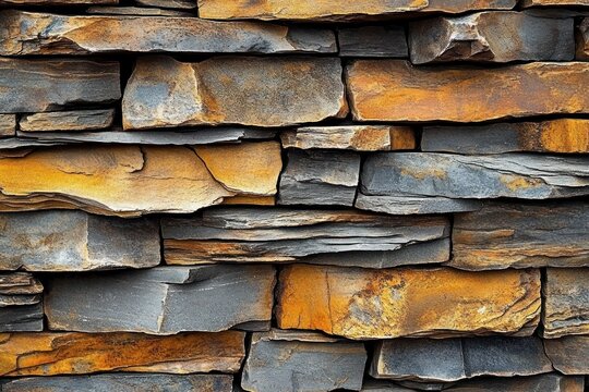 Close-up of a rugged dry-stone wall with layered gray and orange-brown slabs, revealing weathered masonry and rough earthy texture