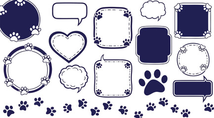 Navy blue paw print frames and speech bubbles vector set © Husmath