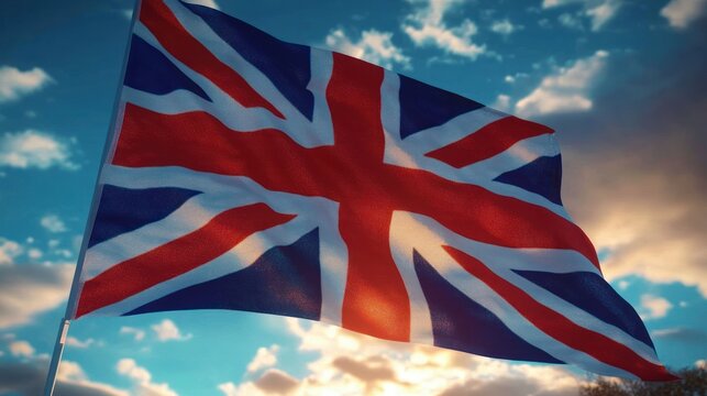 waving british flag on a pole against a dramatic cloudy sky at sunset, warm golden light and a feeling of pride