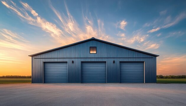 blue metal warehouse with three garage doors and a small high window, set on a gravel lot under a dramatic orange and blue sunset sky