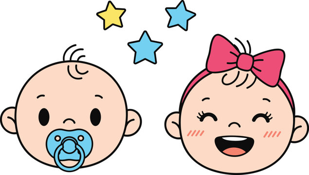 Cartoon Baby Boy and Girl Illustration with Pacifier and Bow for Infant, Childhood, and Kids' Designs