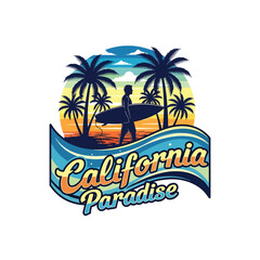 Fototapeta premium Stylized vector art of a person with surfboard on a beach under palm trees at sunset