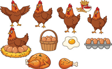 Cartoon Chickens with Eggs, Basket, and Food for Farm, Animal, and Food Illustrations © MdMojnu