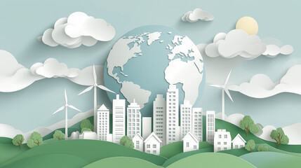 Obraz premium Paper Art Nature Landscape with Save the Earth and Green Eco City – Ecology and Environment Conservation Background Template Vector Illustration