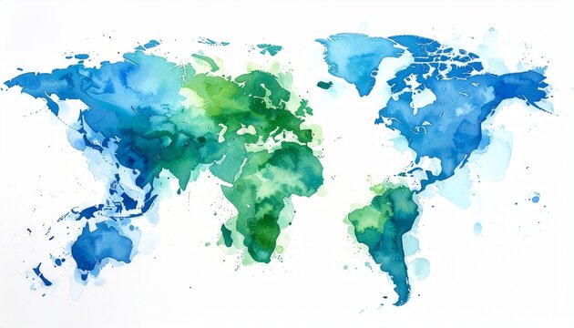 Watercolor World Map Painting with Blue and Green Hues.