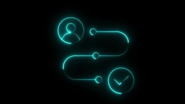 Glowing neon animation of user journey from a profile icon, through two process steps, to a final checkmark on a black background, workflow, process, onboarding, or task completion