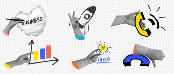 Naklejka premium Business collage set of hands with creative icons like rocket, lightbulb, and graph. Horizontal vector illustration in modern surreal style for startup presentations and corporate designs.