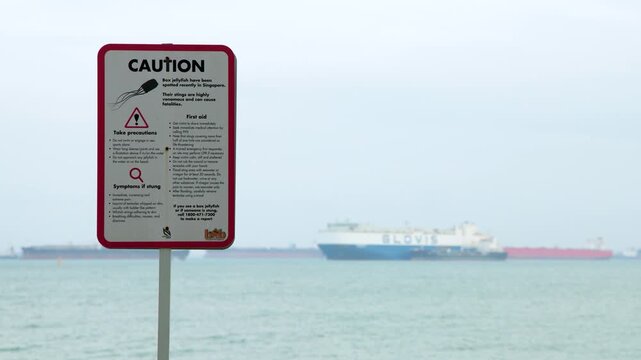 Caution Sign Warning of Box Jellyfish at a Singapore Coastal Beach