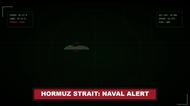 Hormuz Strait Naval Alert Military HUD Interface Tracking Oil Tanker Target with Radar Display and High Threat Level News motion animation 