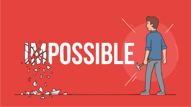 Young man holding hammer in front of shattered wall with word 'Impossible' demonstrating overcoming challenges and breaking barriers