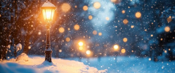 Fototapeta premium glowing vintage lamppost in heavy falling snow on a quiet blue winter evening, warm golden light and soft bokeh creating a peaceful magical atmosphere