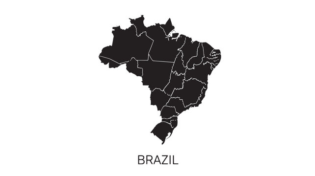 Map of Brazil black silhouette with state boundaries and text label 'BRAZIL' below the country outline.