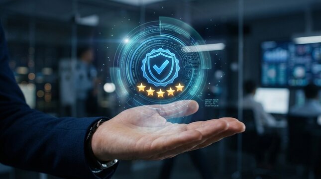 Quality Assurance Assurance: A hand cradles a futuristic holographic display showcasing a quality assurance badge, emphasizing commitment and reliability.