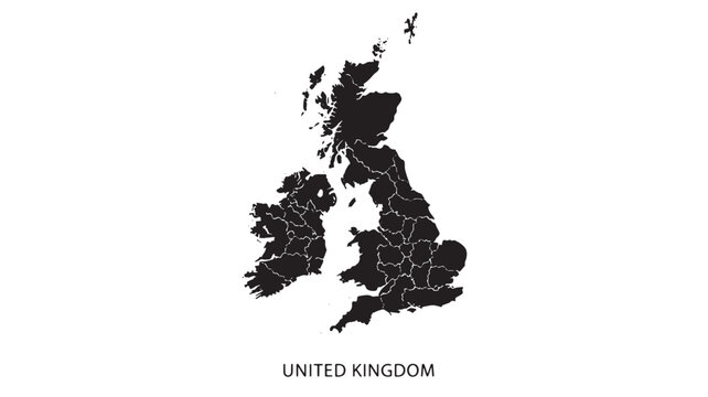 Map of the United Kingdom with regional divisions in black silhouette on a white background, featuring island outlines of Great Britain and Ireland.