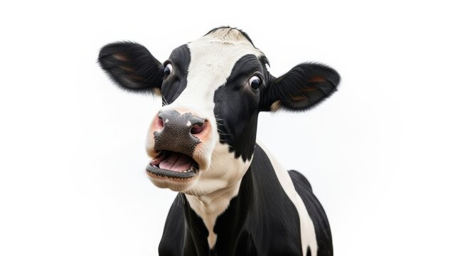 A surprised black and white Holstein cow with its mouth open and eyes wide.