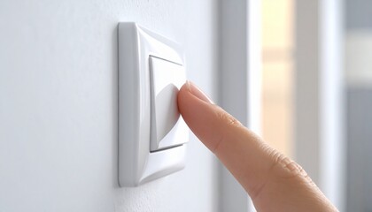 Naklejka premium Finger pressing a light switch to turn on or off the lights.