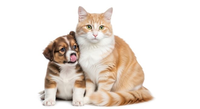 A cute puppy with its tongue out sits next to a ginger tabby cat on a white background.