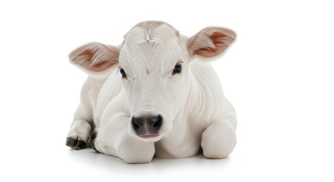 A cute white calf is lying down on a white background, looking directly at the camera with its innocent eyes.