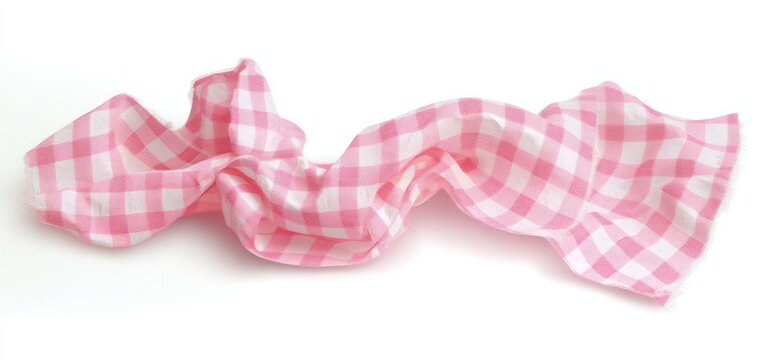 Soft crumpled pink gingham check cloth napkin on white background with gentle playful folds