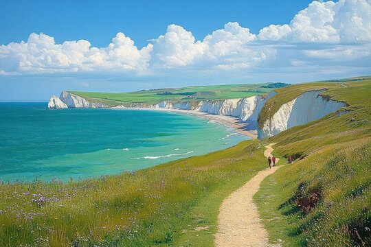 Tranquil coastal path along white chalk cliffs with turquoise sea, sandy cove, wildflower-strewn grassland and two hikers beneath a bright blue sky with fluffy clouds
